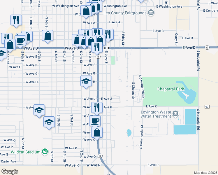 map of restaurants, bars, coffee shops, grocery stores, and more near 1013 South Love Street in Lovington