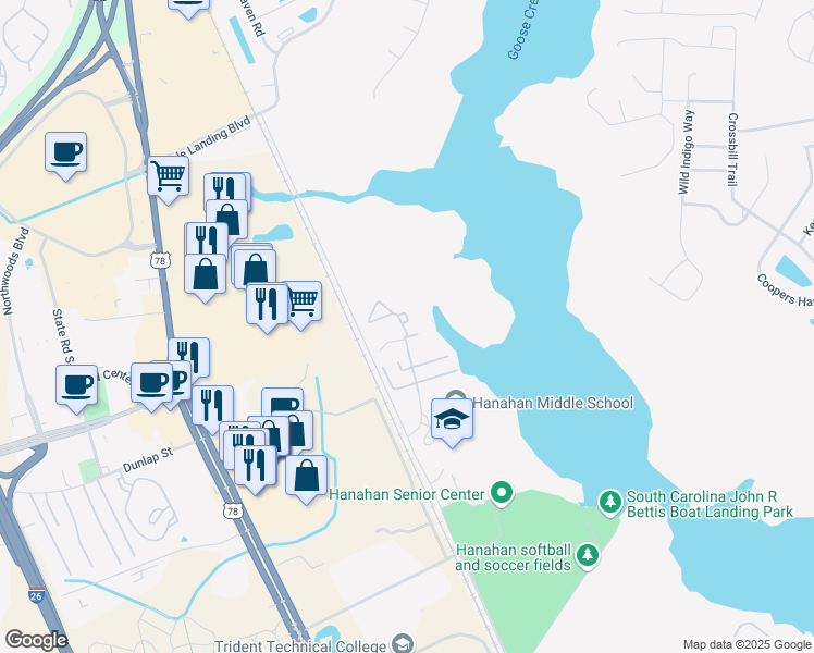 map of restaurants, bars, coffee shops, grocery stores, and more near 5200 Mabeline Road in Hanahan