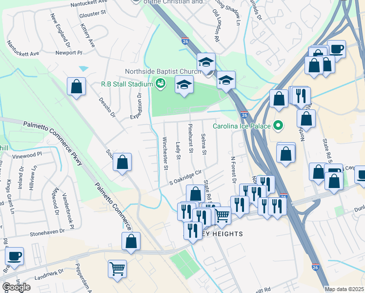 map of restaurants, bars, coffee shops, grocery stores, and more near 7621 Pinehurst Street in North Charleston