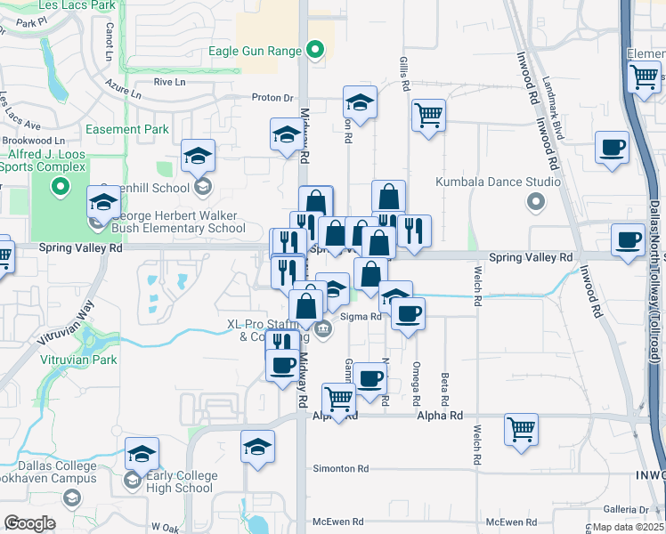 map of restaurants, bars, coffee shops, grocery stores, and more near 13890 Midway Road in Farmers Branch