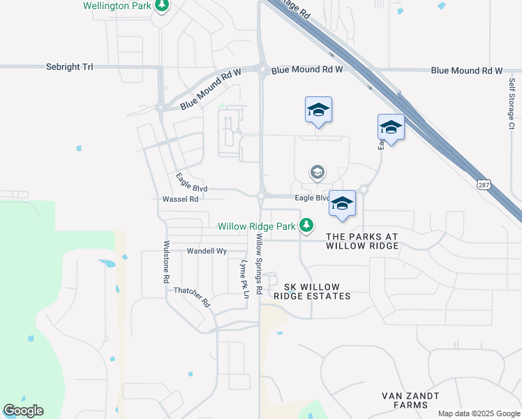 map of restaurants, bars, coffee shops, grocery stores, and more near 11671 Willow Springs Road in Haslet