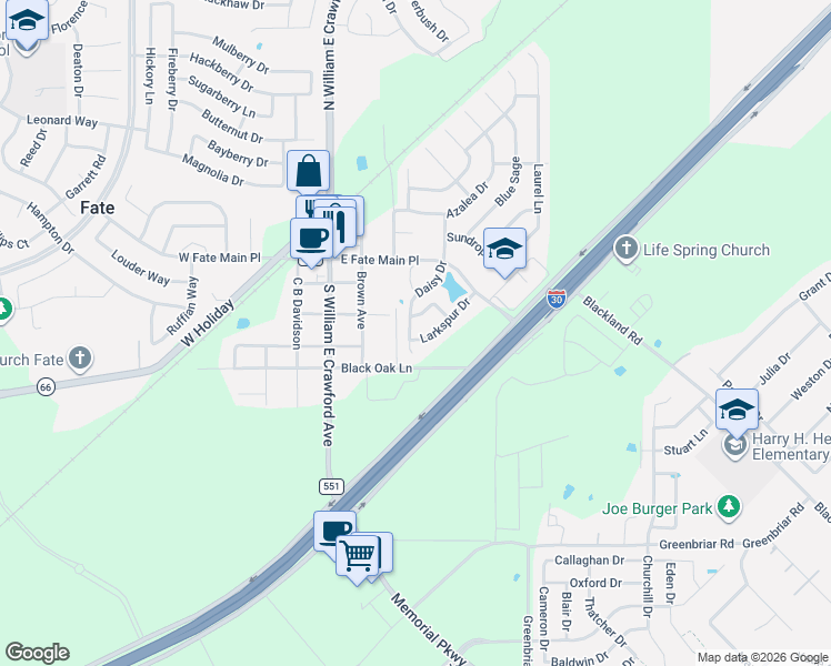 map of restaurants, bars, coffee shops, grocery stores, and more near 23 Daisy Drive in Rockwall