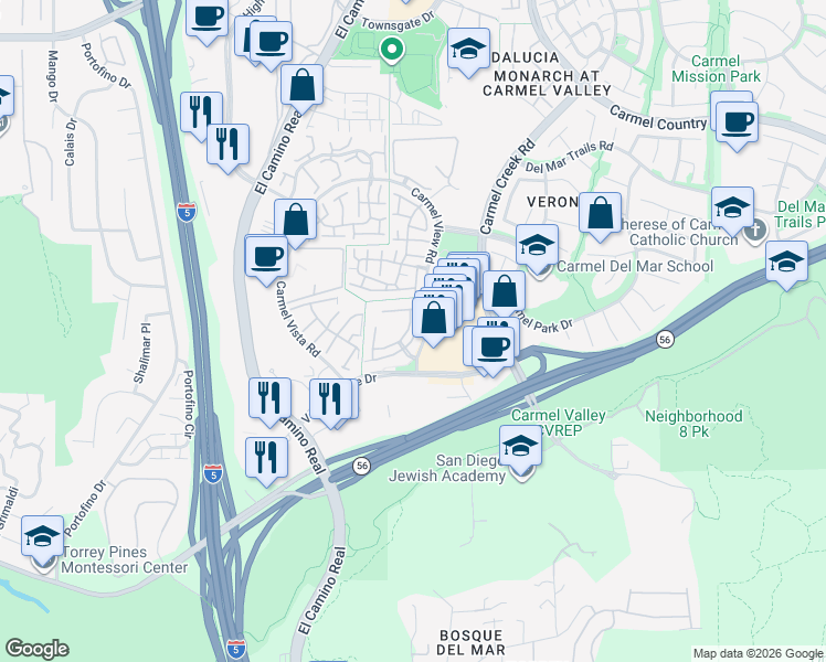 map of restaurants, bars, coffee shops, grocery stores, and more near 3949 Caminito Del Mar Surf in San Diego