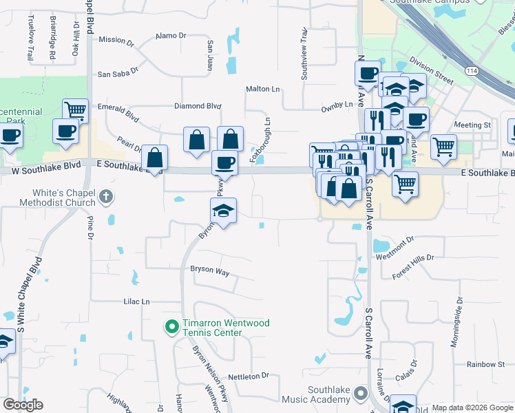 map of restaurants, bars, coffee shops, grocery stores, and more near 731 East Southlake Boulevard in Southlake