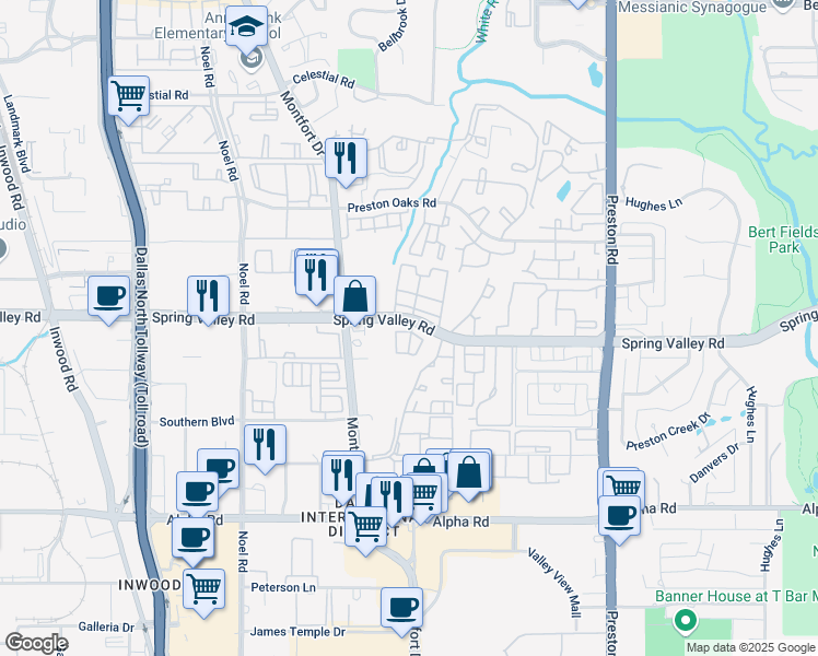 map of restaurants, bars, coffee shops, grocery stores, and more near 5590 Spring Valley Road in Dallas