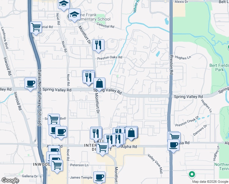 map of restaurants, bars, coffee shops, grocery stores, and more near 5590 Spring Valley Road in Dallas