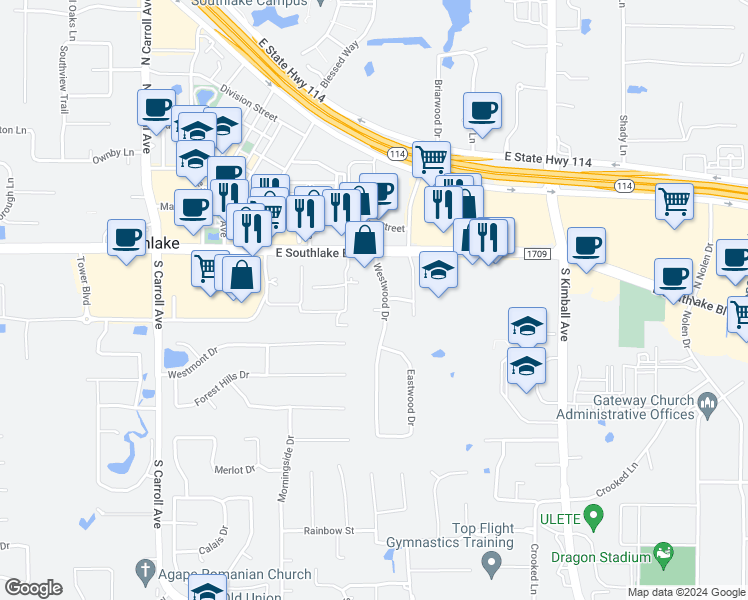 map of restaurants, bars, coffee shops, grocery stores, and more near 200 Westwood Dr in Southlake
