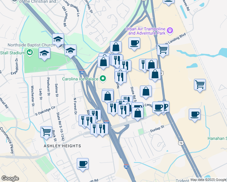 map of restaurants, bars, coffee shops, grocery stores, and more near 7641 Northwoods Boulevard in North Charleston