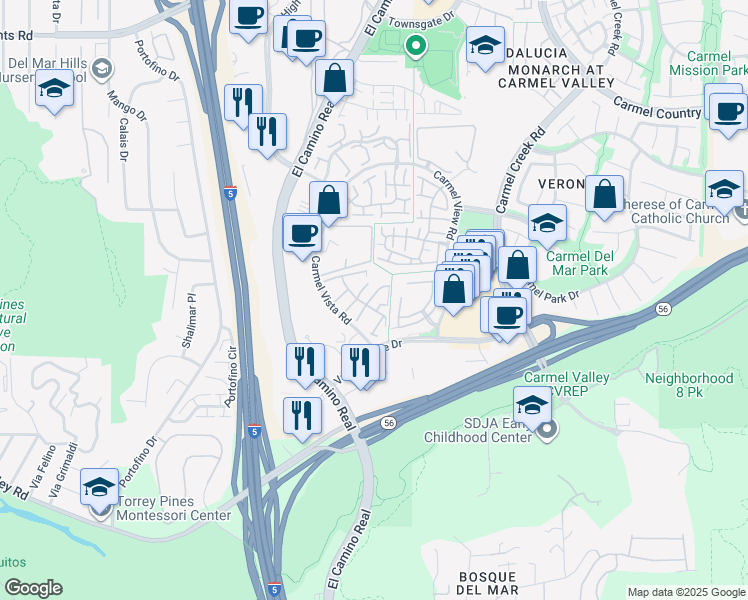 map of restaurants, bars, coffee shops, grocery stores, and more near 3672 Caminito Carmel Landing in San Diego