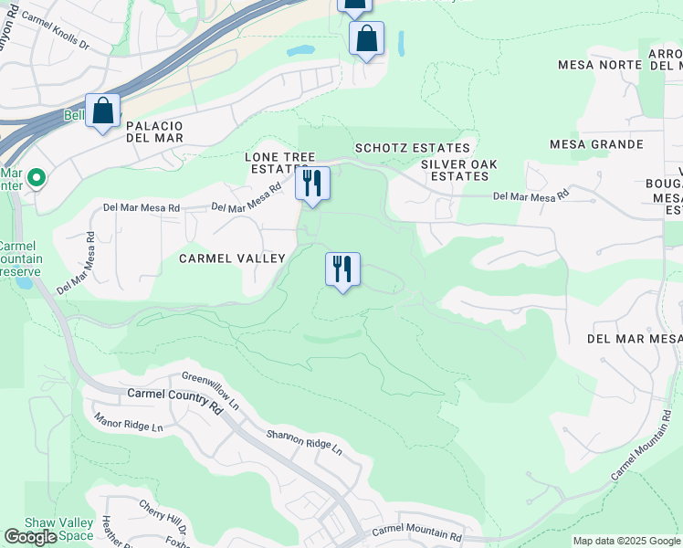 map of restaurants, bars, coffee shops, grocery stores, and more near Grand Del Mar Court in San Diego