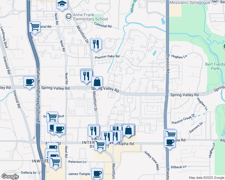 map of restaurants, bars, coffee shops, grocery stores, and more near 5590 Spring Valley Road in Dallas