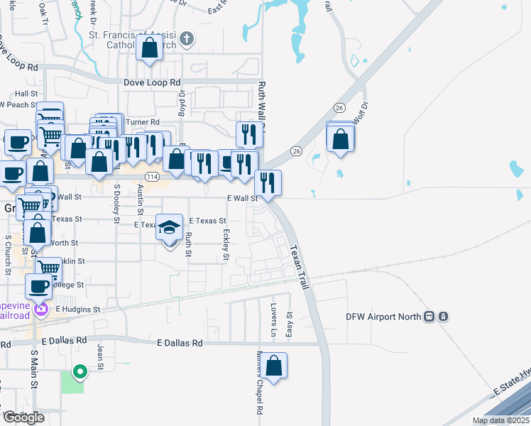 map of restaurants, bars, coffee shops, grocery stores, and more near 1020 Texan Trail in Grapevine