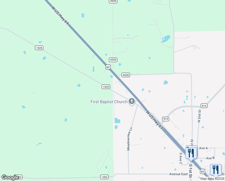 map of restaurants, bars, coffee shops, grocery stores, and more near Rains County Road 1525 in Point