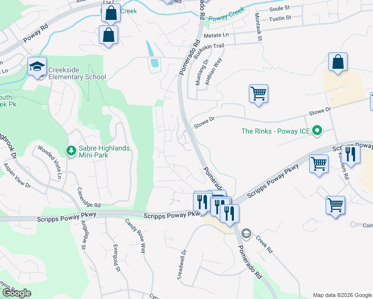 map of restaurants, bars, coffee shops, grocery stores, and more near 12196 Pepper Tree Lane in Poway