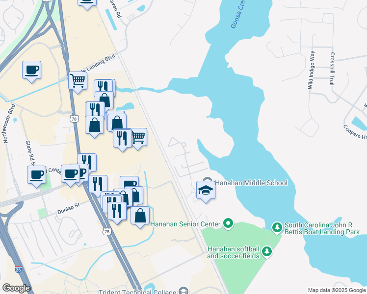 map of restaurants, bars, coffee shops, grocery stores, and more near 5100 Mabeline Road in Hanahan