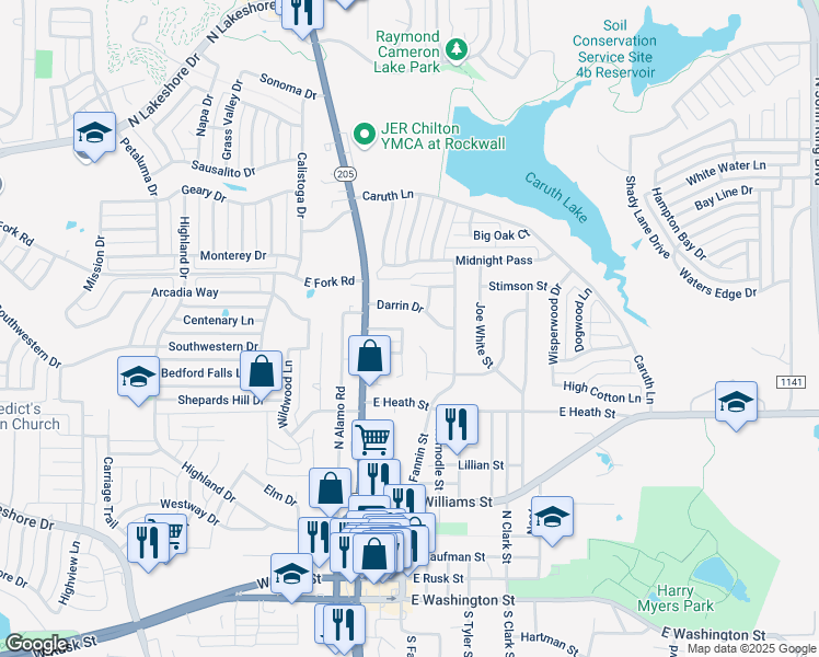 map of restaurants, bars, coffee shops, grocery stores, and more near 998 Chad Way in Rockwall