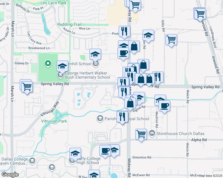 map of restaurants, bars, coffee shops, grocery stores, and more near 4040 Spring Valley Road in Farmers Branch
