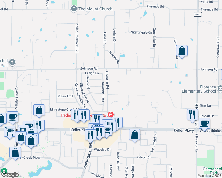 map of restaurants, bars, coffee shops, grocery stores, and more near 524 Meadow Knoll Court in Keller
