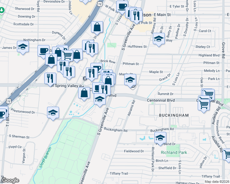 map of restaurants, bars, coffee shops, grocery stores, and more near 776 South Greenville Avenue in Richardson