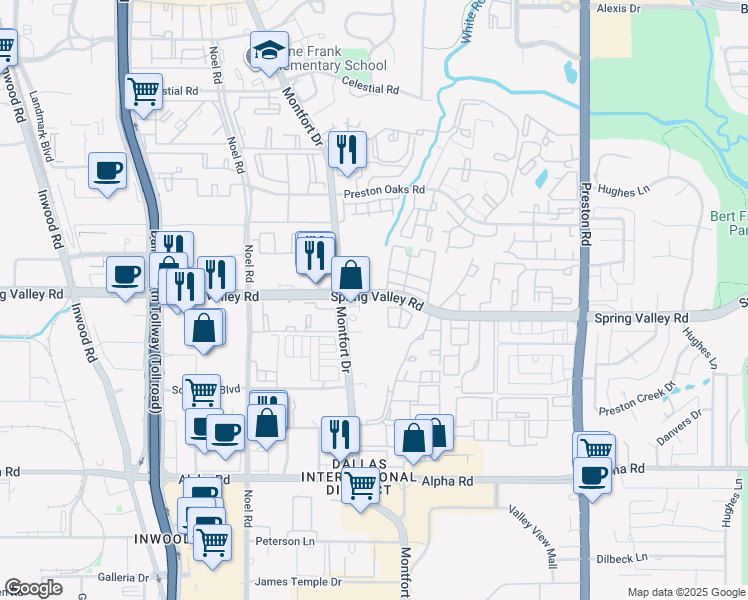map of restaurants, bars, coffee shops, grocery stores, and more near 14100 Montfort Drive in Dallas