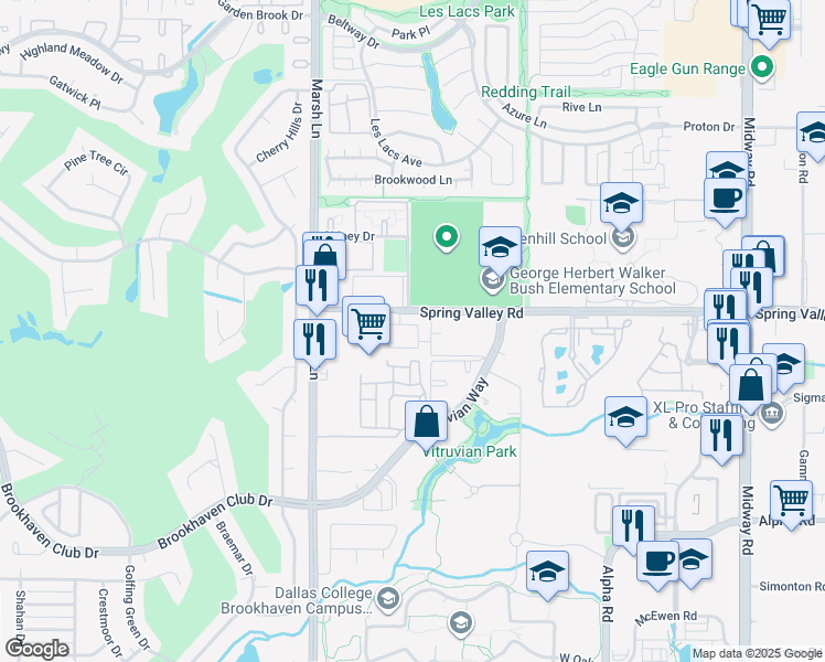 map of restaurants, bars, coffee shops, grocery stores, and more near 3800 Spring Valley Road in Addison