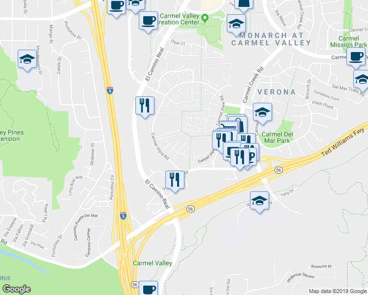 map of restaurants, bars, coffee shops, grocery stores, and more near 3658 Caminito Carmel Landing in San Diego