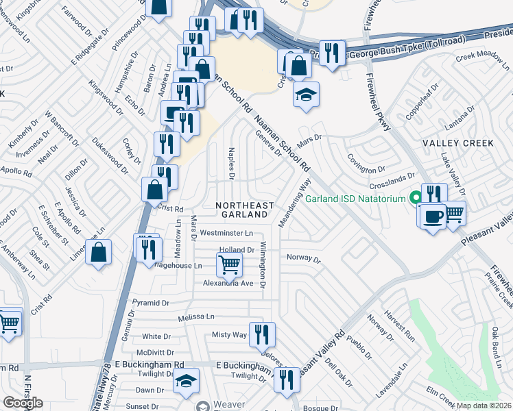 map of restaurants, bars, coffee shops, grocery stores, and more near 2726 Riviera Drive in Garland