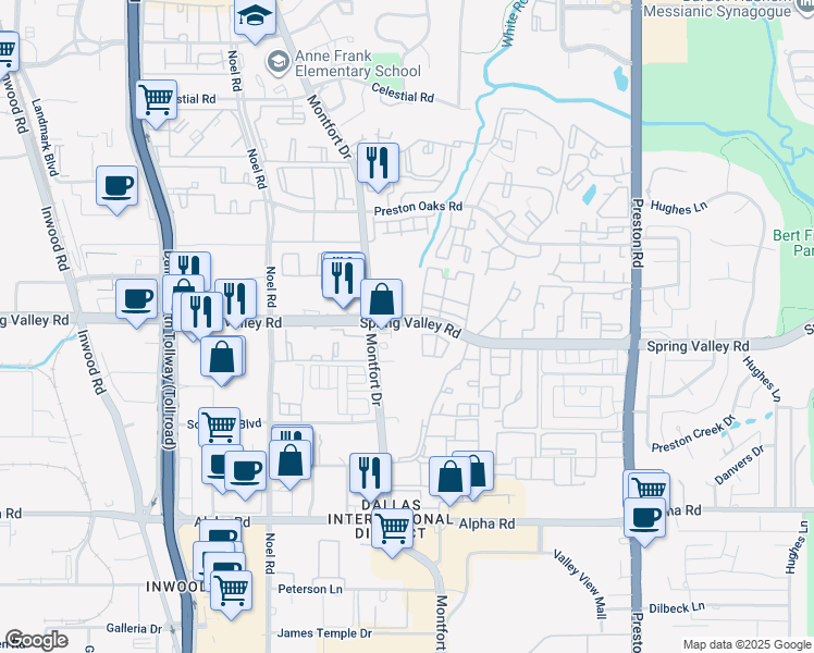 map of restaurants, bars, coffee shops, grocery stores, and more near 5549 Spring Valley Road in Dallas