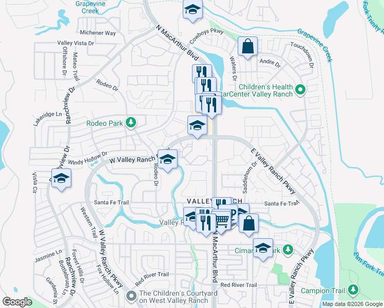 map of restaurants, bars, coffee shops, grocery stores, and more near 9835 North MacArthur Boulevard in Irving