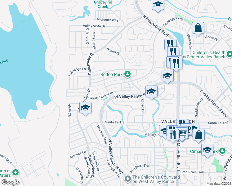map of restaurants, bars, coffee shops, grocery stores, and more near 9604 Quail Hollow Lane in Irving