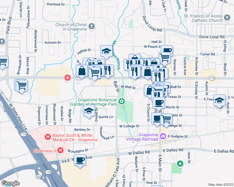 map of restaurants, bars, coffee shops, grocery stores, and more near 807 West Wall Street in Grapevine