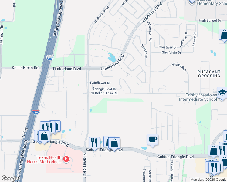 map of restaurants, bars, coffee shops, grocery stores, and more near 2720 Twinflower Drive in Fort Worth
