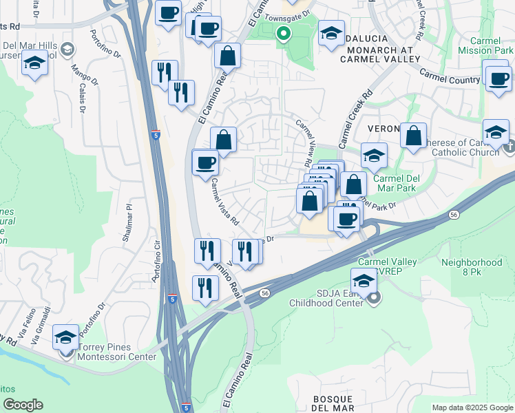 map of restaurants, bars, coffee shops, grocery stores, and more near 3672 Caminito Carmel Landing in San Diego