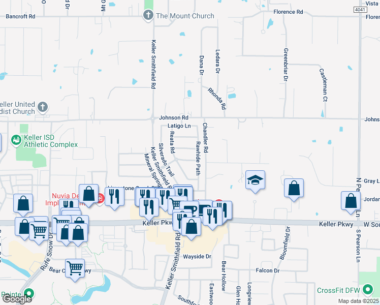 map of restaurants, bars, coffee shops, grocery stores, and more near 1513 Wagonwheel Trail in Keller