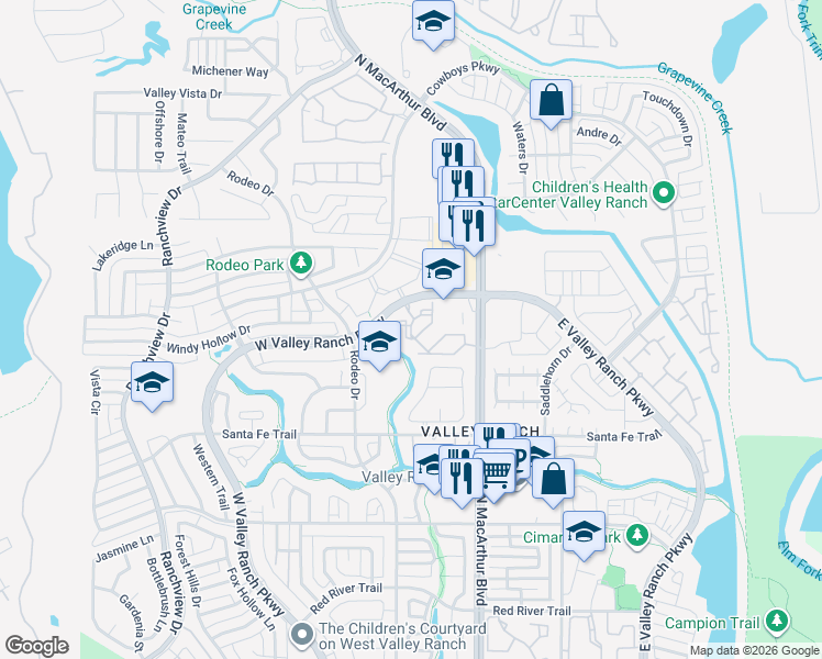 map of restaurants, bars, coffee shops, grocery stores, and more near 9805 North MacArthur Boulevard in Irving