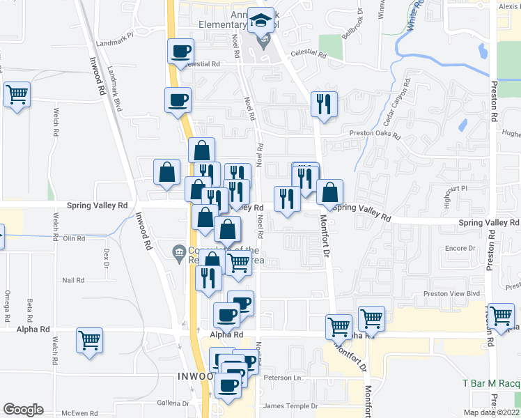 map of restaurants, bars, coffee shops, grocery stores, and more near 5300 Spring Valley Road in Dallas