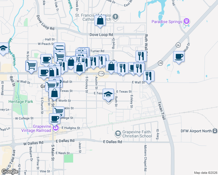map of restaurants, bars, coffee shops, grocery stores, and more near 223 Wood Street in Grapevine