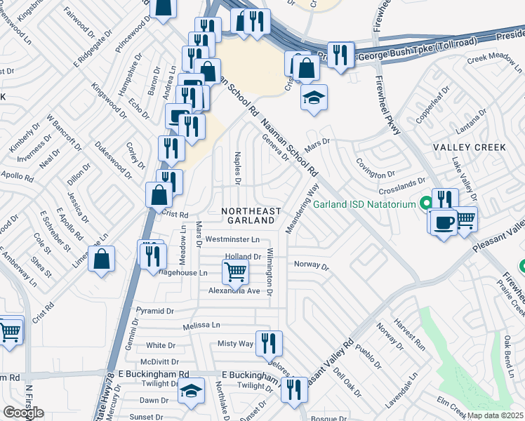 map of restaurants, bars, coffee shops, grocery stores, and more near 2726 Riviera Drive in Garland
