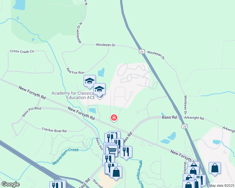 map of restaurants, bars, coffee shops, grocery stores, and more near 1091 Overlook Parkway in Macon