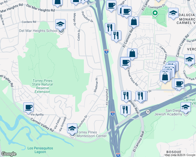 map of restaurants, bars, coffee shops, grocery stores, and more near 13194 Shalimar Place in Del Mar