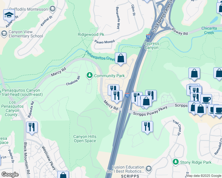 map of restaurants, bars, coffee shops, grocery stores, and more near 11029 Kika Court in San Diego