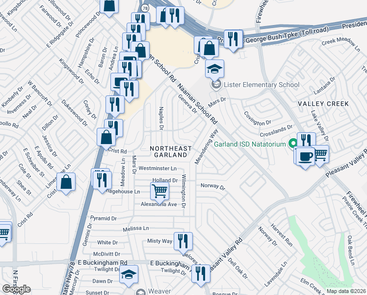 map of restaurants, bars, coffee shops, grocery stores, and more near 2709 Riviera Drive in Garland