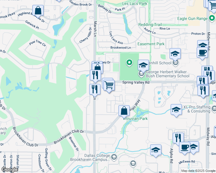 map of restaurants, bars, coffee shops, grocery stores, and more near 3721 Spring Valley Road in Addison