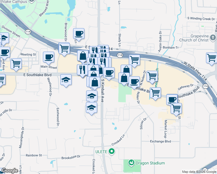 map of restaurants, bars, coffee shops, grocery stores, and more near 155 South Kimball Avenue in Southlake