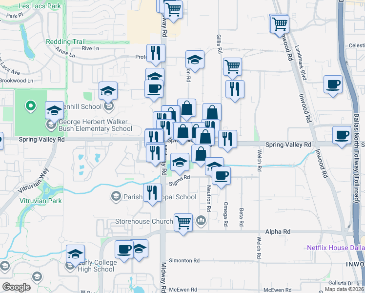 map of restaurants, bars, coffee shops, grocery stores, and more near 4100 Spring Valley Road in Dallas