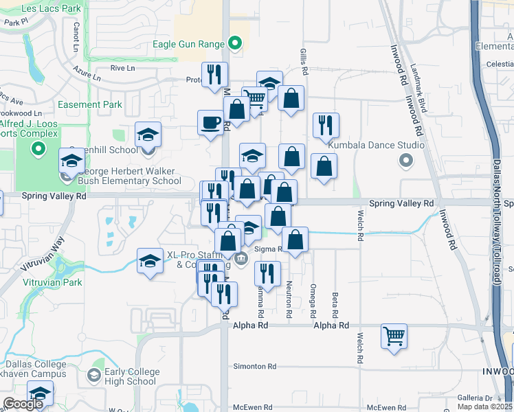 map of restaurants, bars, coffee shops, grocery stores, and more near 4100 Spring Valley Road in Dallas