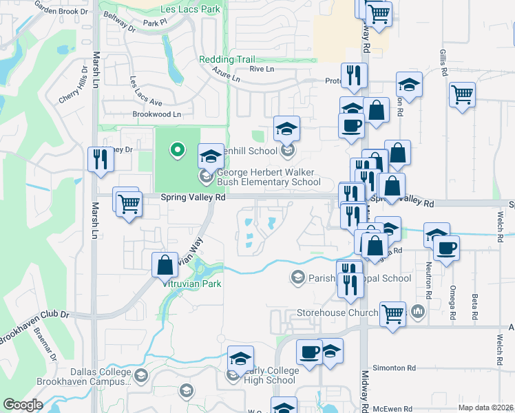 map of restaurants, bars, coffee shops, grocery stores, and more near 3990 Spring Valley Road in Farmers Branch