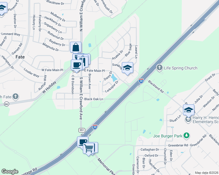 map of restaurants, bars, coffee shops, grocery stores, and more near 14 Vervain Drive in Rockwall