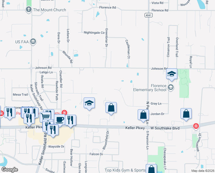 map of restaurants, bars, coffee shops, grocery stores, and more near 1816 Johnson Road in Keller
