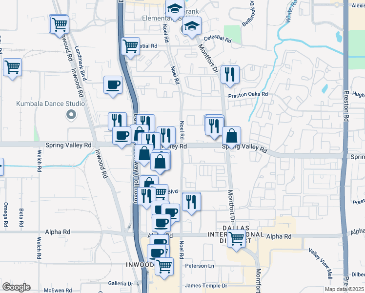 map of restaurants, bars, coffee shops, grocery stores, and more near Spring Valley Road & Noel Road in Dallas